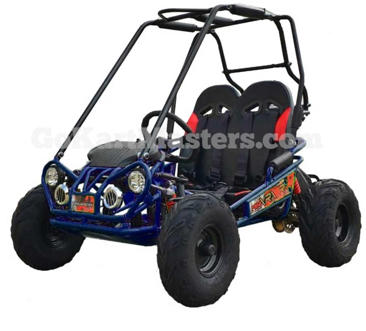 TrailMaster Mini XRX/R+ Go Kart with Reverse, assembled quarter-sized off-road go-kart with a sturdy blue frame, four large off-road tires, dual racing seats, and a roll cage suitable for ages 4 and up.