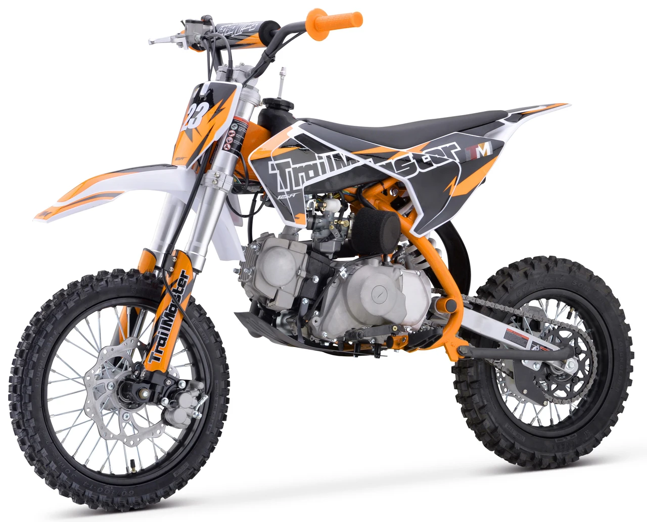 Trailmaster TM23 Youth Dirt Bike 29" Seat, semi-automatic, electric start, off-road motocross motorcycle with orange, black, and white design, knobby tires, and robust frame.