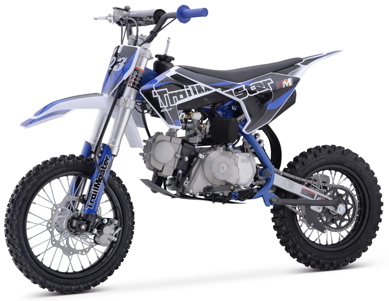 Trailmaster TM23 Youth Dirt Bike 29" Seat, off-road motorcycle with electric start, semi-automatic transmission, and rugged tires for young riders.