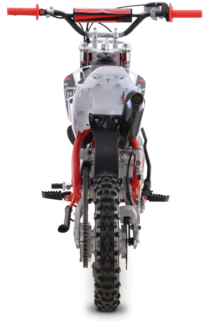 Trailmaster TM23 Youth Dirt Bike 29" Seat, front view of the mini dirt bike with knobby off-road tires, red and black handlebar grips, and a white body with black and red accents.