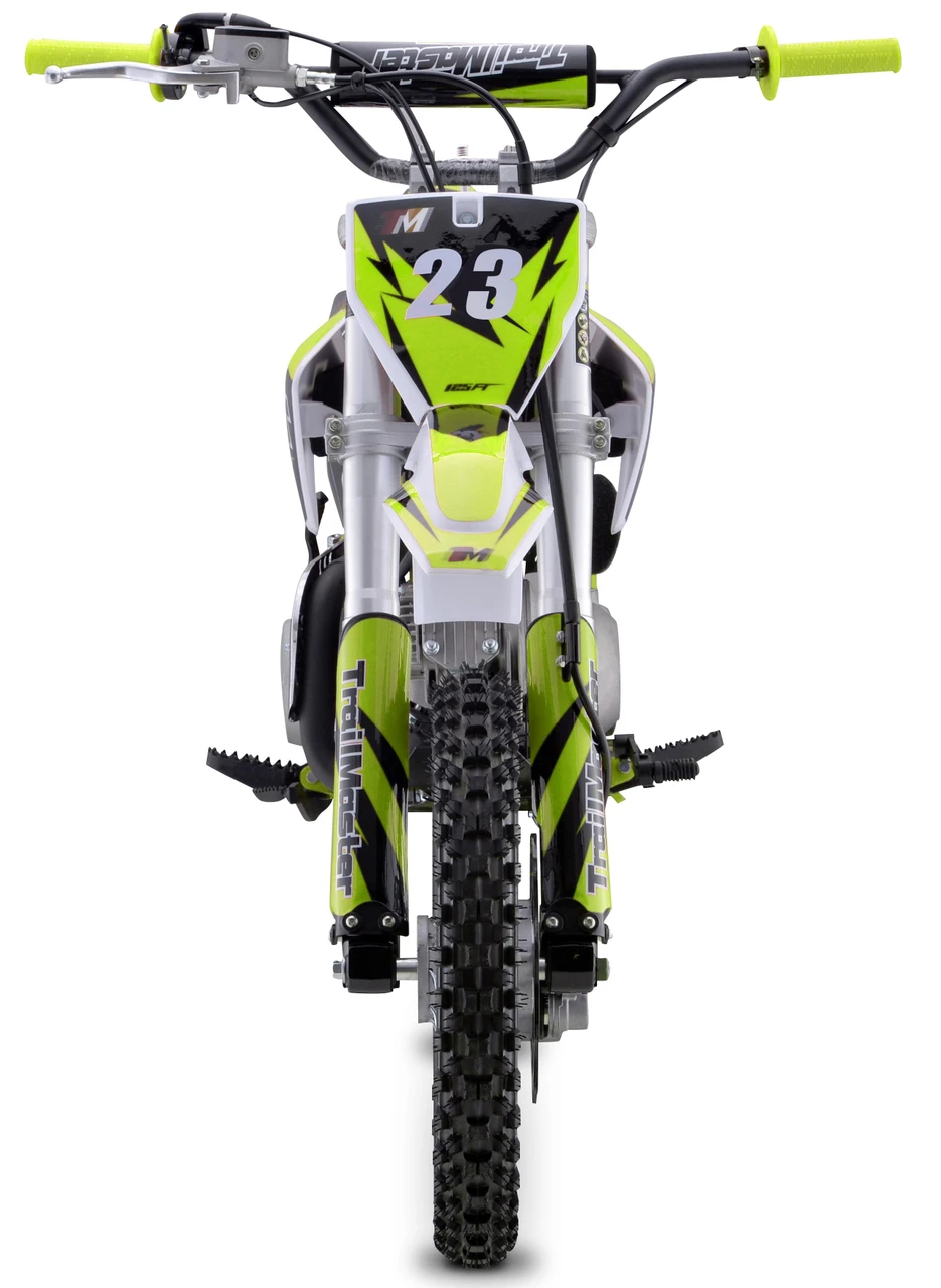 Trailmaster TM23 Youth Dirt Bike 29" Seat | Semi-Auto | Electric Start, front view of a bright lime green and white dirt bike with black accents, knobby tires, and racing number 23 on the front.