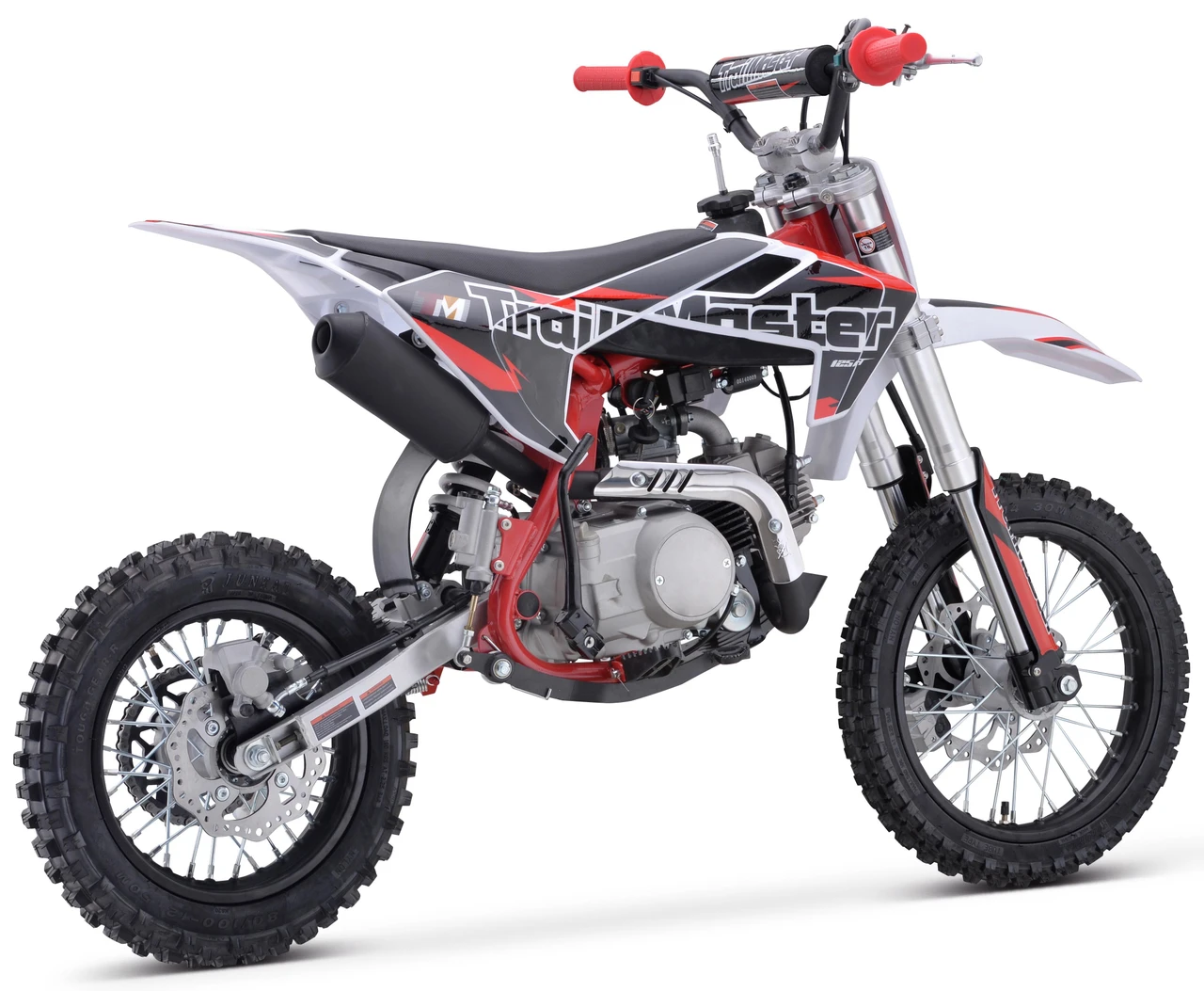 Trailmaster TM23 Youth Dirt Bike 29" Seat, electric start, semi-auto transmission, off-road motorcycle with knobby tires, red and black design, and lightweight frame.