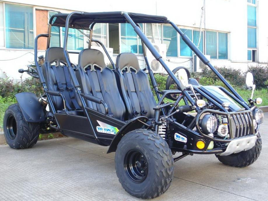 TM 300 XRS-4E 4 Seater Go Kart for Families, off-road electric vehicle with four seats, rugged tires, roll cage, and canopy for outdoor adventure and family fun.