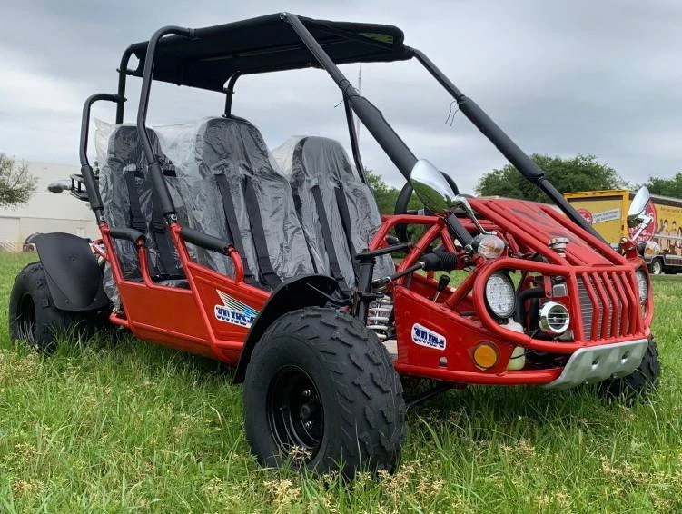 TM 300 XRS-4E 4 Seater Go Kart for Families, red off-road electric go-kart with three bench seats, black tires, and protective canopy, suitable for family adventures.