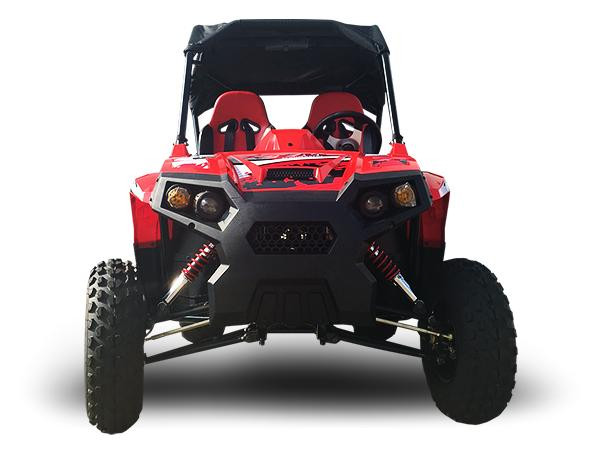 Trailmaster Challenger 200 UTV YOUTH SXS, Sport, Carburetor, Red off-road vehicle with large tires and protective roof.