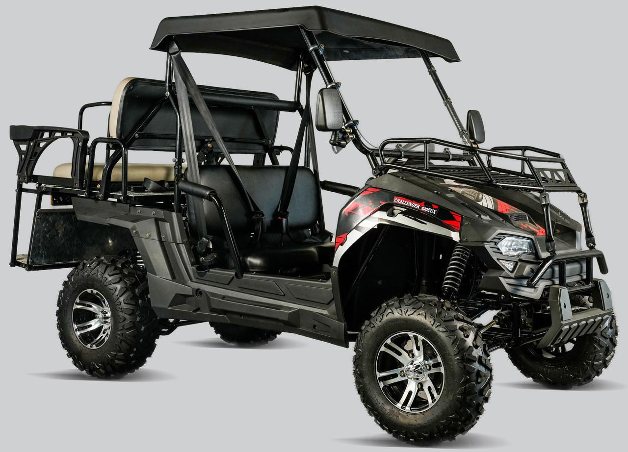 Trailmaster Challenger 200 EGX Golf Cart Style UTV, rugged Off-Road Utility Vehicle with black body, four large tires, front bumper, and roof for outdoor adventures.