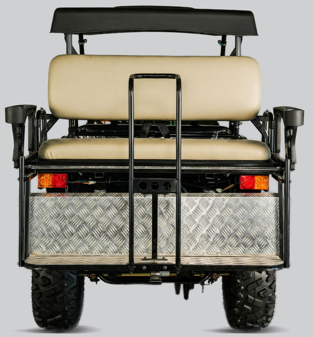 Trailmaster Challenger 200 EGX Golf Cart Style UTV, front view of a utility vehicle with beige seating, black frame, diamond plate cargo area, and off-road tires.