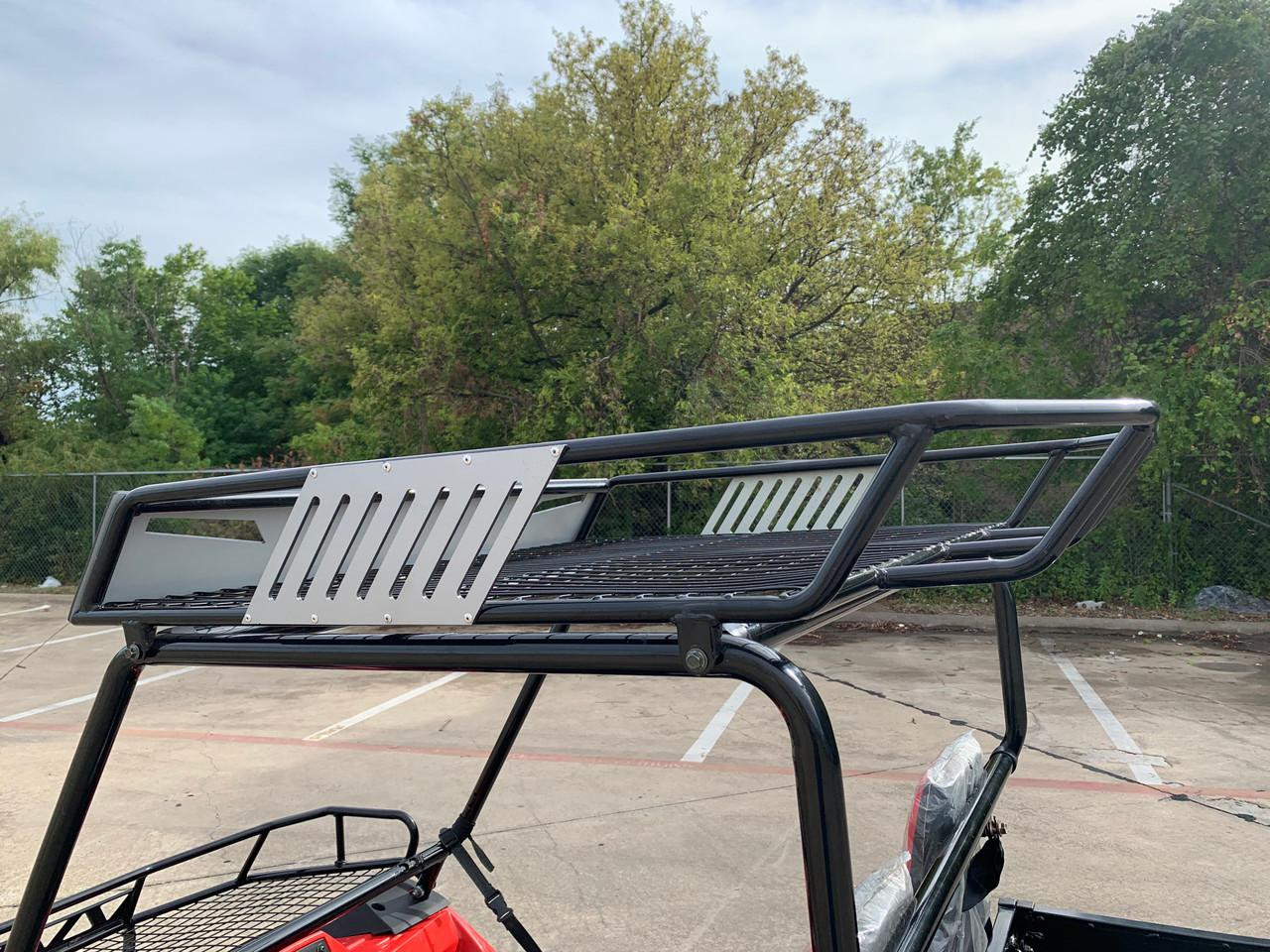 Trailmaster Challenger 200 EGX Golf Cart Style UTV, front and side view of the black metallic frame and roof rack in an outdoor parking lot.
