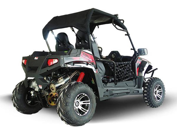 Trailmaster Challenger 300 EX 300cc SXS, off-road utility vehicle with rugged tires, seating for two, and protective roof canopy.