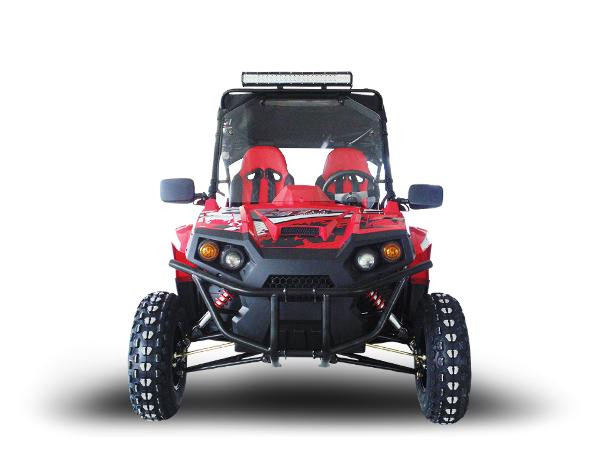 Trailmaster Challenger 300 EX 300cc SXS, red off-road side-by-side utility vehicle with rugged tires, protective bumper, and LED light bar on top.