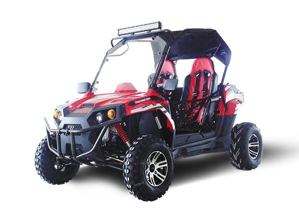 Trailmaster Challenger 300 EX 300cc SXS, red and black all-terrain side-by-side vehicle with roll cage and off-road tires.