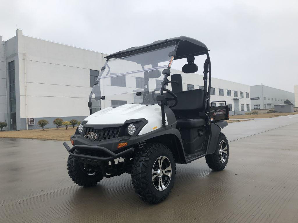 Trailmaster Taurus 200U Utility SXS UTV, black and white off-road electric utility vehicle with rugged tires, front bumper, and canopy, parked outdoors on concrete surface.