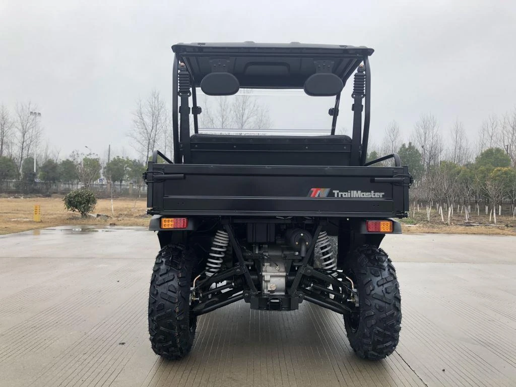 Trailmaster Taurus 200U, utility SXS UTV, front view of the black off-road utility vehicle with large tires and suspension system.