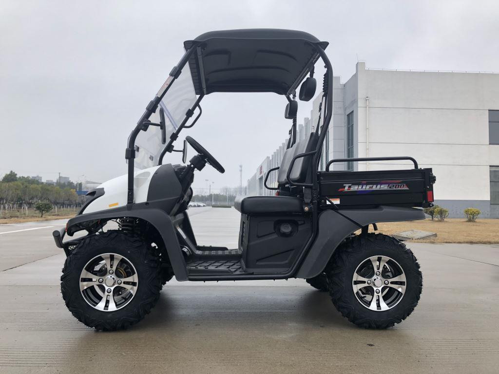 Trailmaster Taurus 200U Utility SXS UTV, compact utility side-by-side vehicle with black and white exterior, four rugged tires, and open cargo bed for outdoor work and recreation.