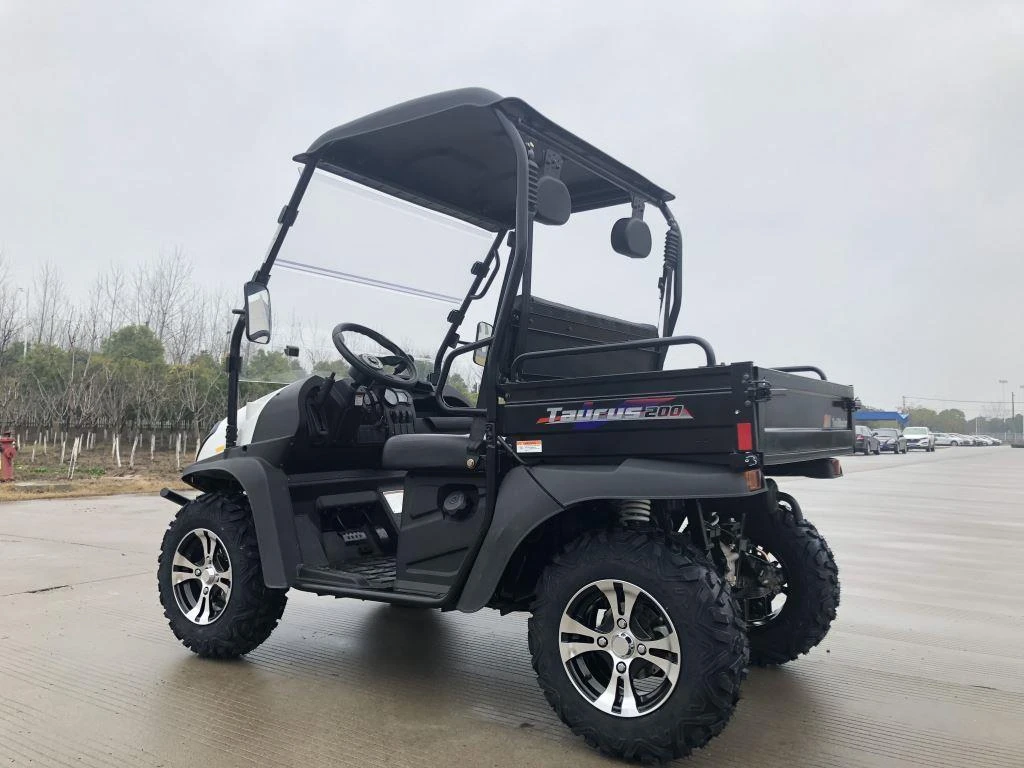 Trailmaster Taurus 200U Utility SXS UTV, black off-road utility vehicle with four large rugged tires and open cargo bed.