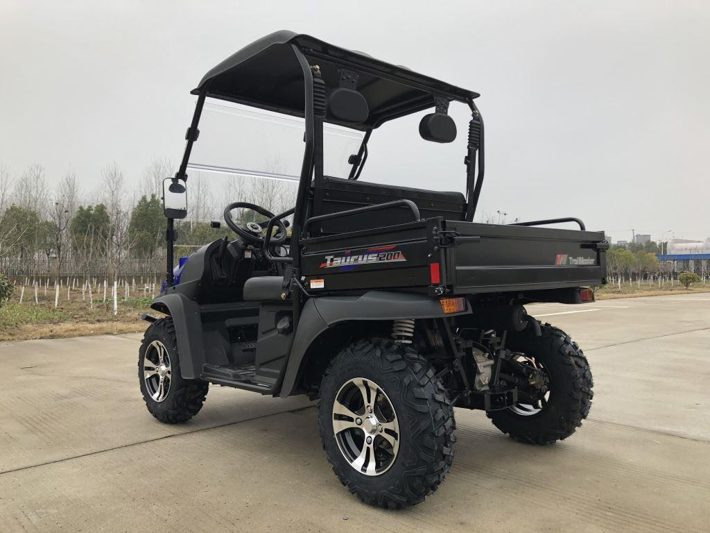 Trailmaster Taurus 200U Utility Side-by-Side Vehicle (SXS) UTV, black compact utility vehicle with rugged tires and open cargo bed, suitable for off-road work and outdoor activities.