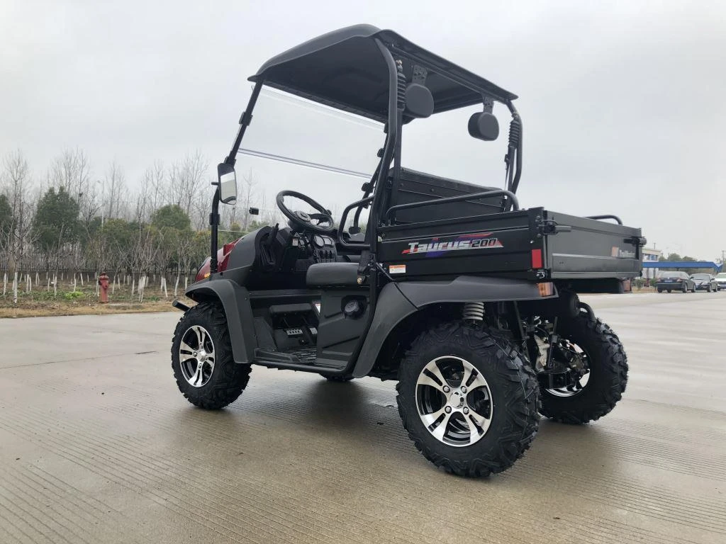 Trailmaster Taurus 200U Utility SXS UTV, black off-road utility vehicle with rugged tires and cargo bed.