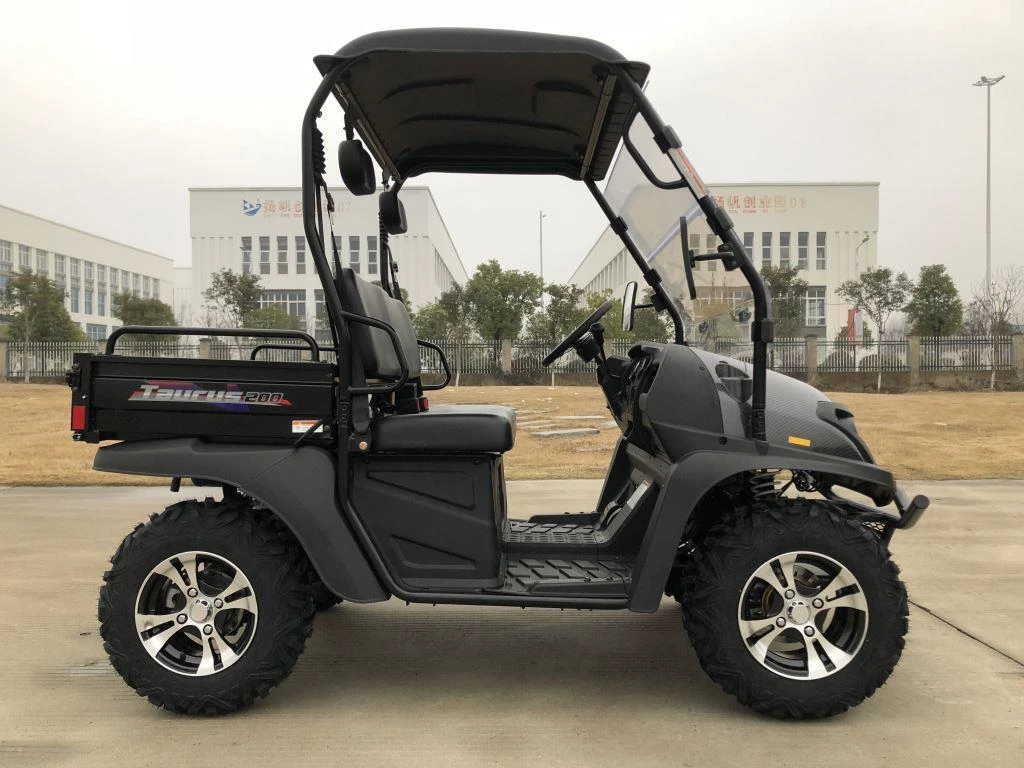 Trailmaster Taurus 200U utility side-by-side vehicle, rugged design with off-road tires and open cab, suitable for utility and recreational use.