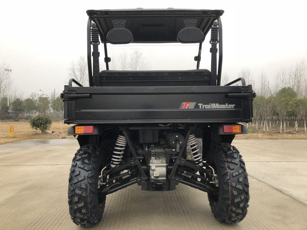Trailmaster Taurus 200U utility SXS UTV, front view of the black rugged off-road vehicle with large tires and suspension system.