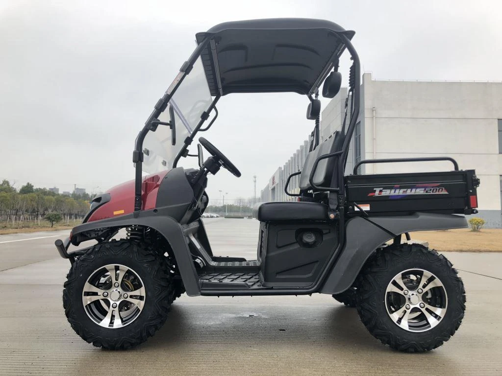 Trailmaster Taurus 200U, utility SXS UTV with rugged tires, compact design, and a cargo bed for outdoor work and recreational activities.