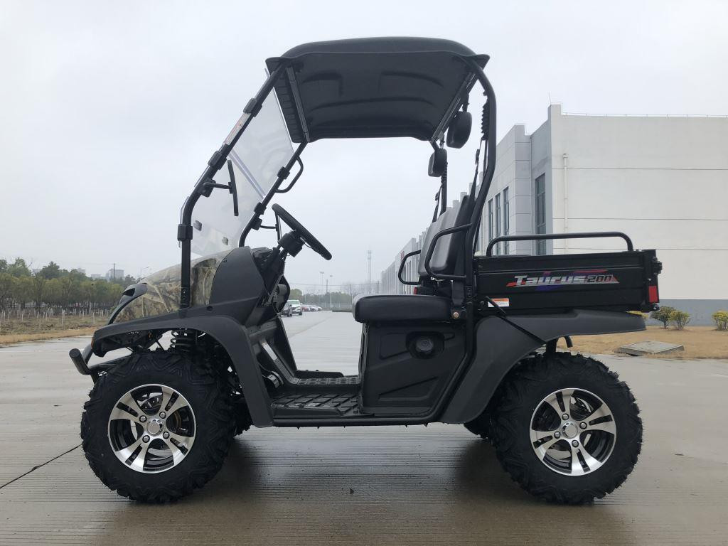 Trailmaster Taurus 200U Utility SXS UTV, rugged off-road vehicle with large tires and open cargo bed.