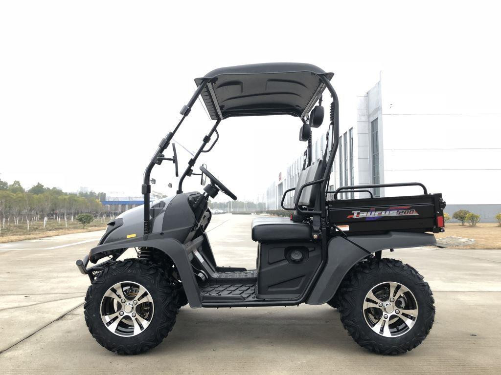Trailmaster Taurus 200U utility side-by-side vehicle, black and gray, with off-road tires, a spacious cargo bed, and a roof, set on a paved outdoor area.