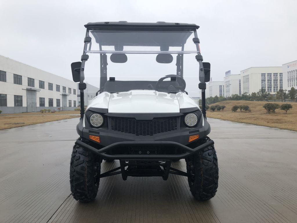 Trailmaster Taurus 200U utility SXS UTV, front view of a white off-road vehicle with rugged tires, protective bumper, and clear windshields on a paved outdoor setting.