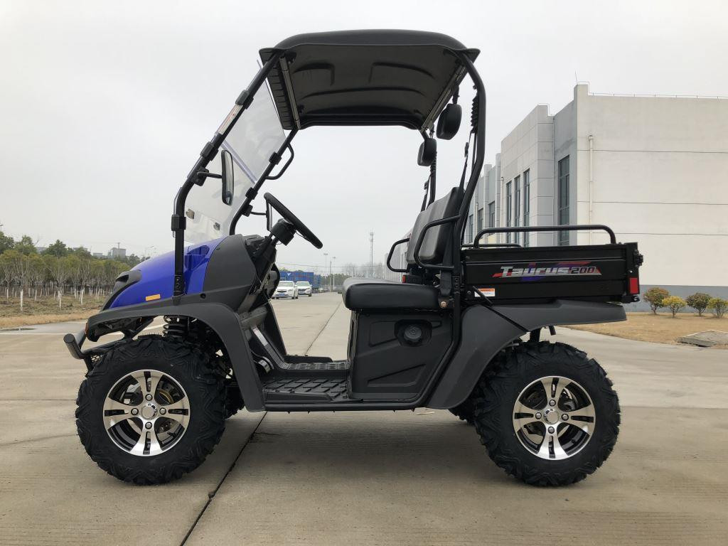 Trailmaster Taurus 200U Utility SXS UTV, side view of rugged utility vehicle with black tires and a cargo bed, parked outdoors near a modern building.