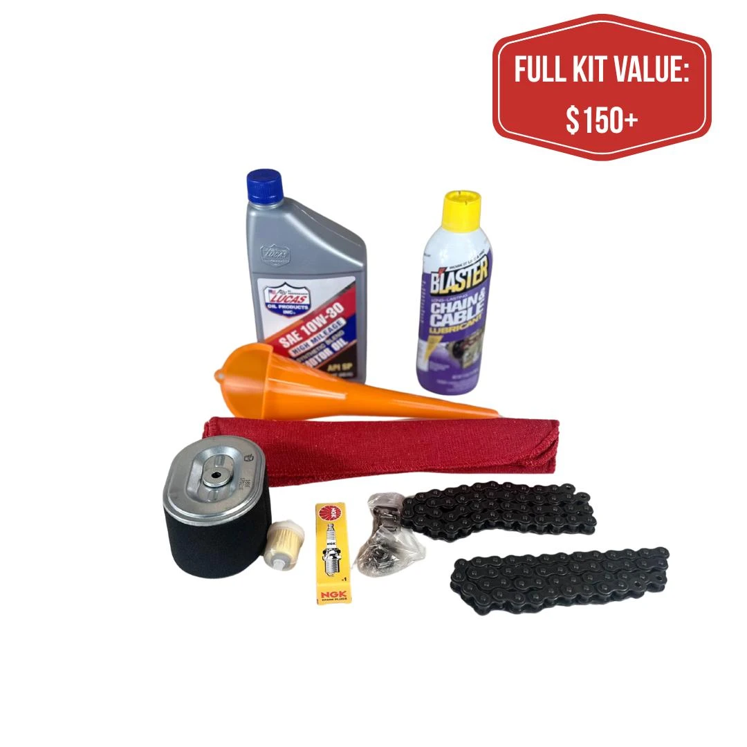 Mini Go-Kart Complete Service Kit, automotive maintenance tools including oil and chain lubricant bottles, orange funnel, red cloth, air filter, spark plug, chain links, and mounting hardware for Mini XRS, Mini XRX, and Mini XRX-R models with 5.5 hp and 7.0 hp engines.