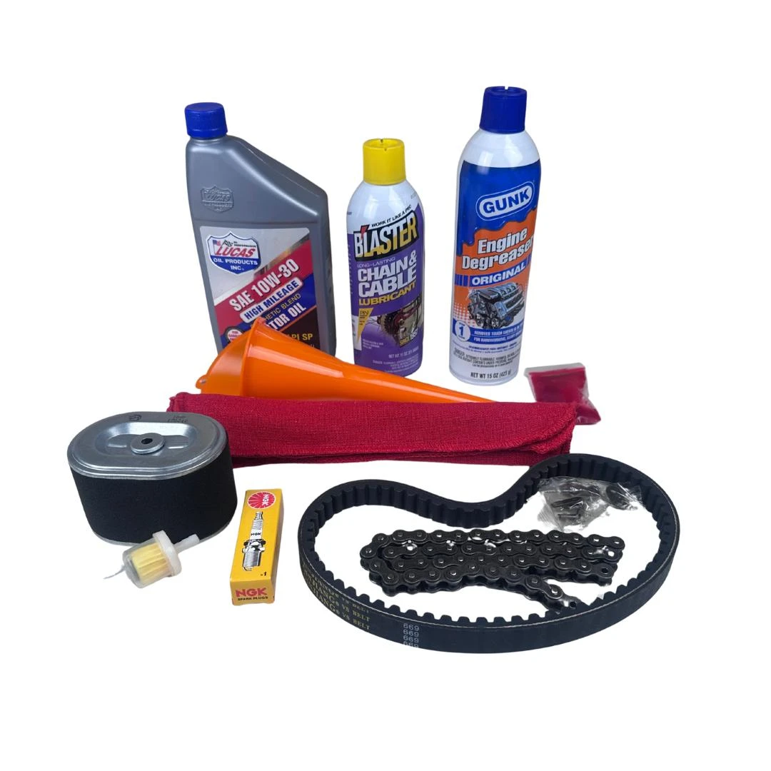 Trailmaster Mid Go-Kart Complete Service Kit — Fits Mid XRS, Mid XRX, Mid XRX-R, Blazer 200R with 6.5hp or 7.0hp engine, including oil, chain lubricant, engine degreaser, spark plug, fuel filter, belt, chain, and maintenance tools.