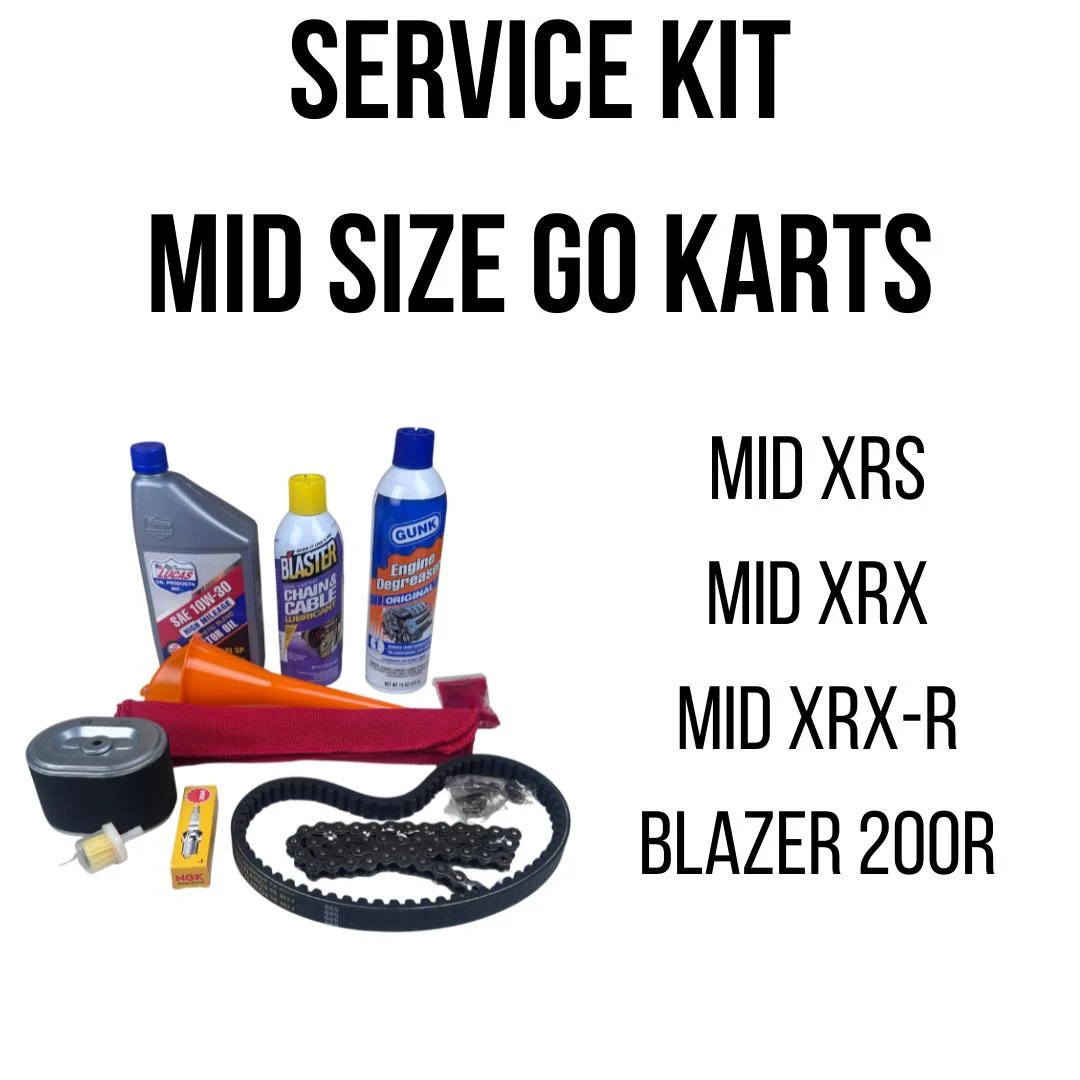 Trailmaster Mid Go-Kart Complete Service Kit, an image showing a collection of maintenance tools and supplies including oil bottles, lubricant, chain cleaner, a red cloth, an orange cone, a small oil filter, a spark plug, and a drive chain, designed for Mid XRS, Mid XRX, Mid XRX-R, and Blazer 200R go-karts with 6.5hp or 7.0hp engines.