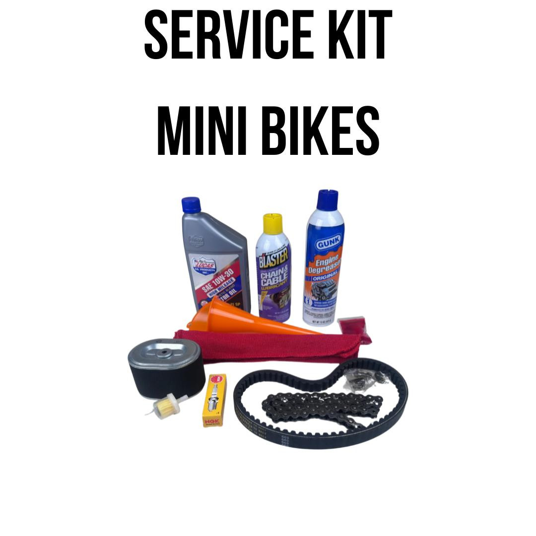 Mini Bike Complete Service Kit, image showing various tools and fluids for Storm 200, MB200, Hurricane 200X, Hurricane PRO mini bikes, including oil, chain lubricant, degreaser, chain, and other maintenance accessories.