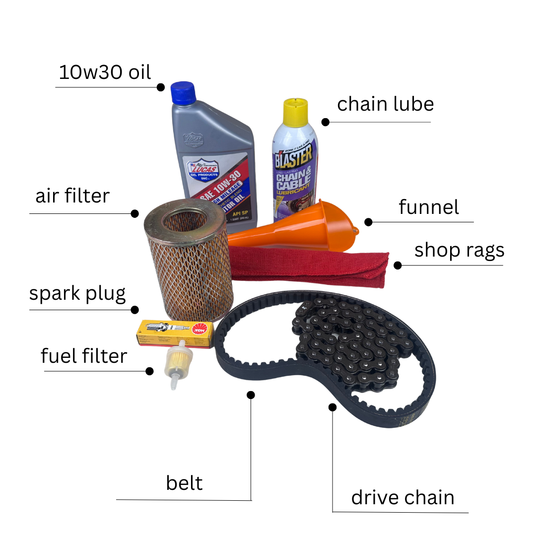 Complete TrailMaster 150 200 GY6 service kit with oil, chain, air filter, spark plug, and lube