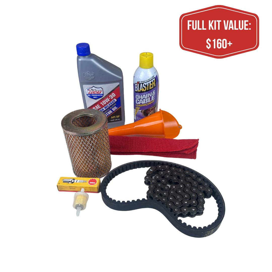 TrailMaster 150 / 200 Complete Service Kit — Fits All GY6 169cc Models (XRS, XRX, Blazer, Challenger), includes oil filter, chain lubricant, air filter, drive belt, and necessary tools for maintenance.
