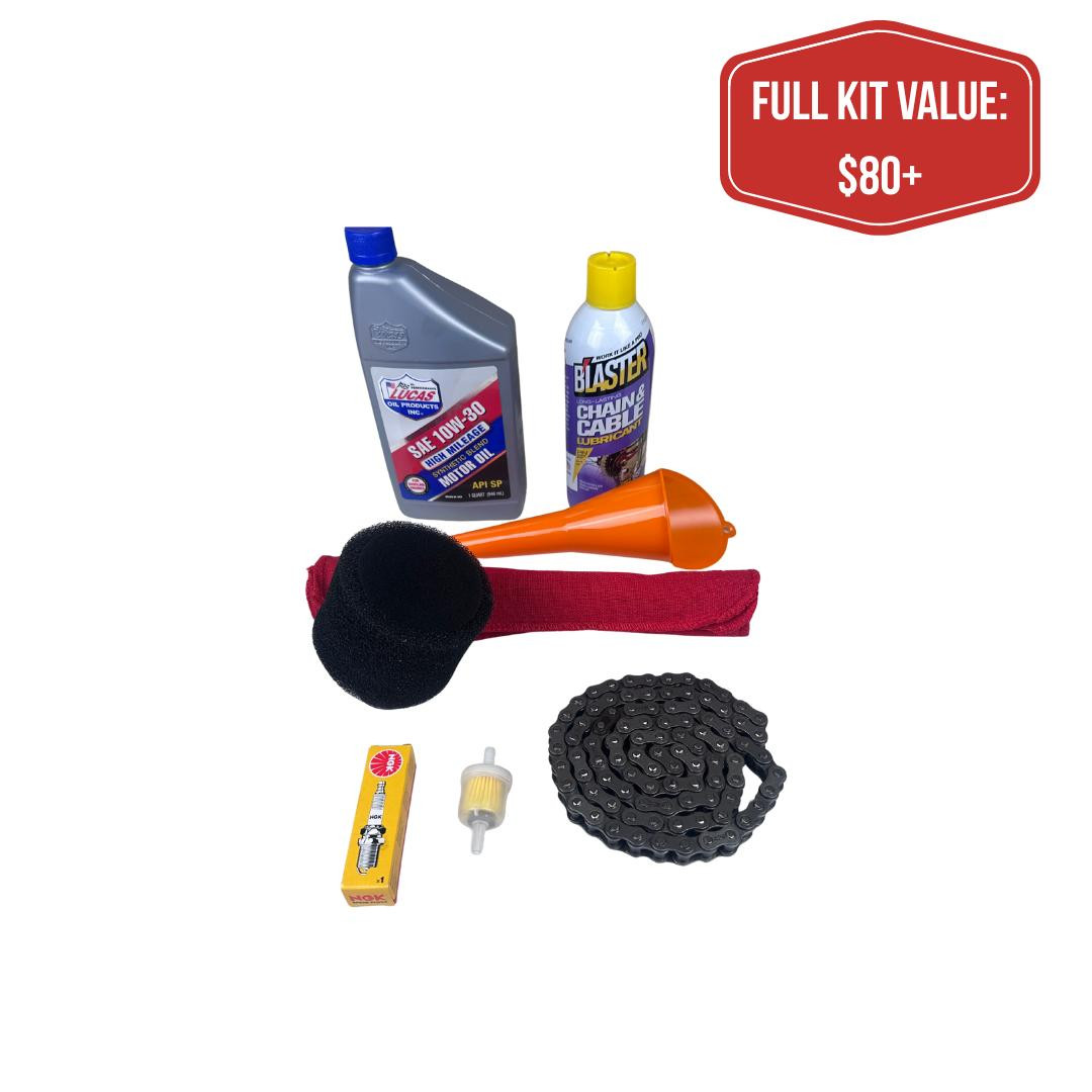 TrailMaster Dirt Bike Complete Service Kit, a collection of motorcycle maintenance parts including motor oil, chain lubricant, foam air filter, spark plug, chain, and cleaning brush, designed for TM10, TM11, TM15, SK110, TM23, MK110, MK125, TM24, MX250 models.
