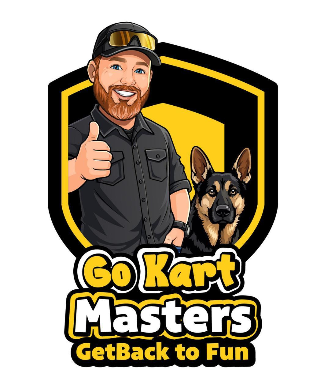 TrailMaster 200 XRS Go Kart with Carburetor, cartoon style logo featuring a smiling man with a beard, wearing a cap and sunglasses, giving a thumbs up, beside a black and tan German Shepherd dog, with the text 'Go Kart Masters GetBack to Fun' in bold yellow and white font.
