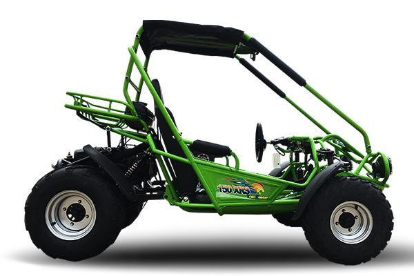 TrailMaster 200 XRS Go Kart with Carburetor, bright green off-road vehicle with large tires, safety roll cage, and adjustable seat for recreational racing and outdoor fun.