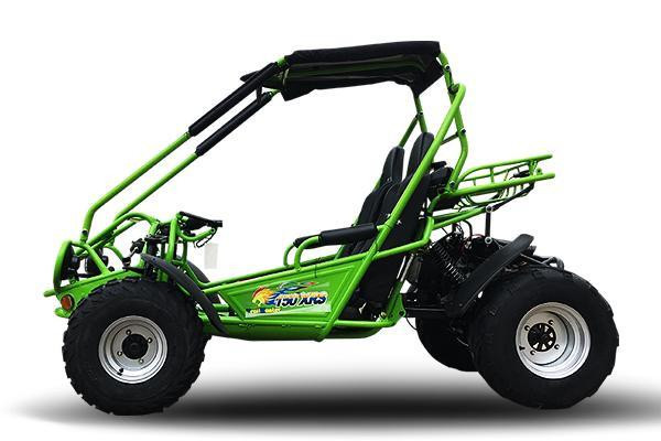 TrailMaster 200 XRS Go Kart with Carburetor, green off-road go-kart with large tires and protective roll cage.