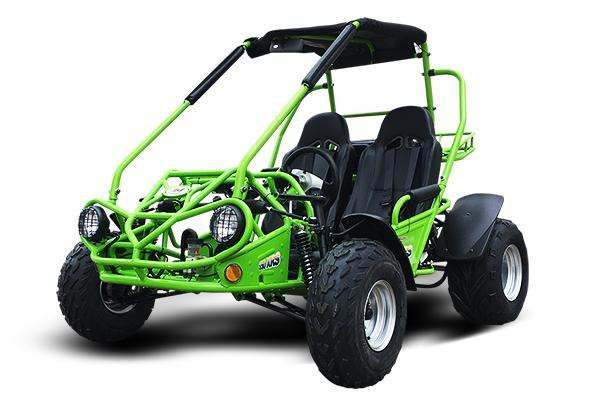 TrailMaster 200 XRS Go Kart with Carburetor, a green off-road go-kart with black seats and large rugged tires.