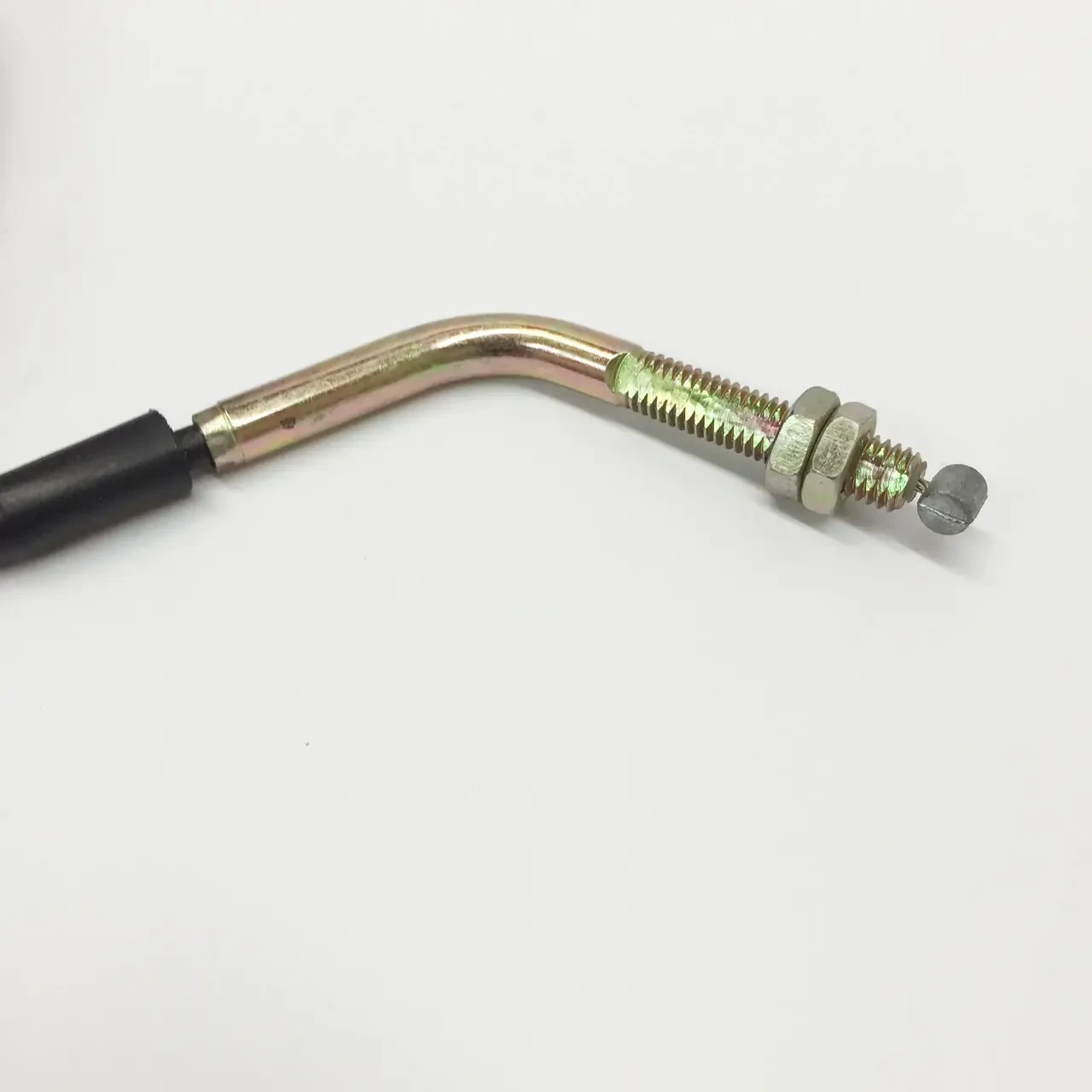 TrailMaster 200 XRS Throttle Cable, metal cable with hook and locking nuts for ATV throttle control.