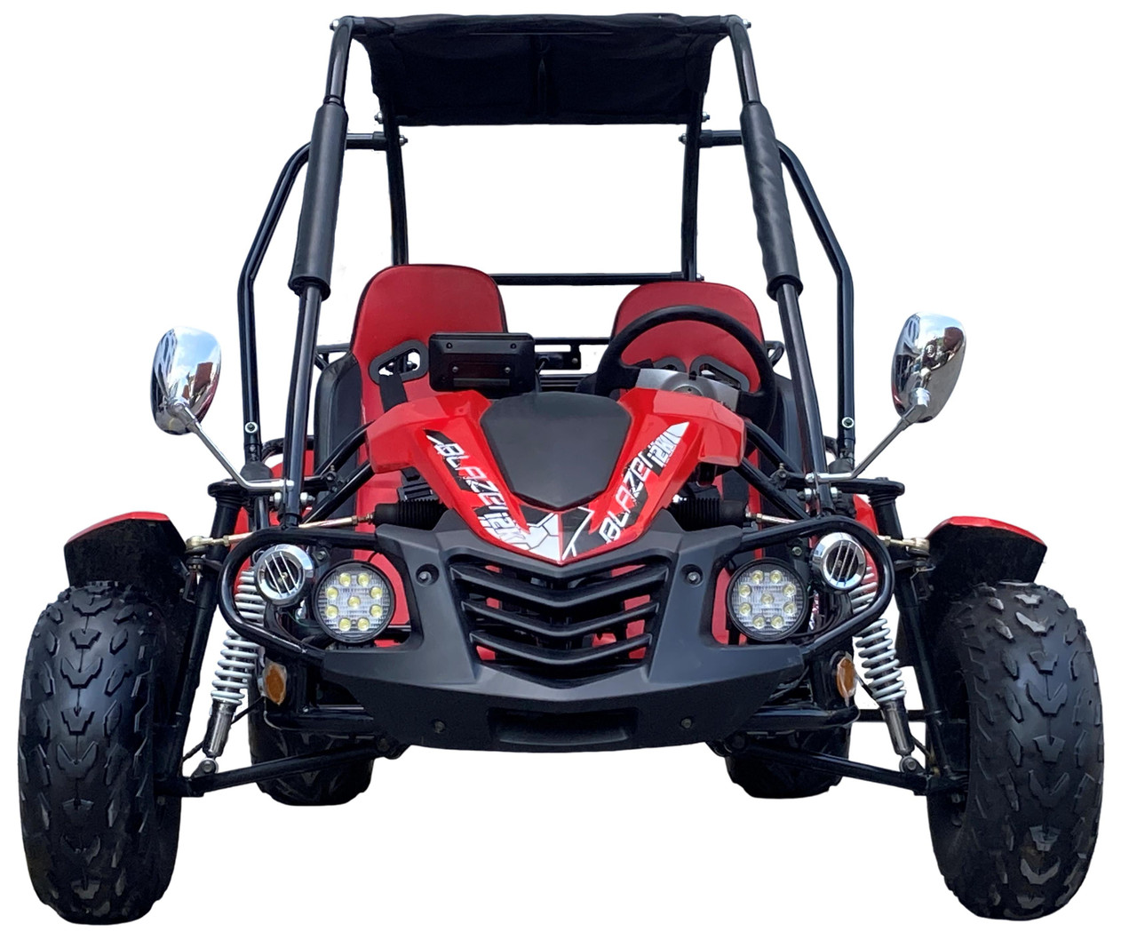 TrailMaster Blazer i2K Full-Size Electric Go-Kart, front view of red and black off-road electric go-kart with large tires, LED headlights, and roll cage.