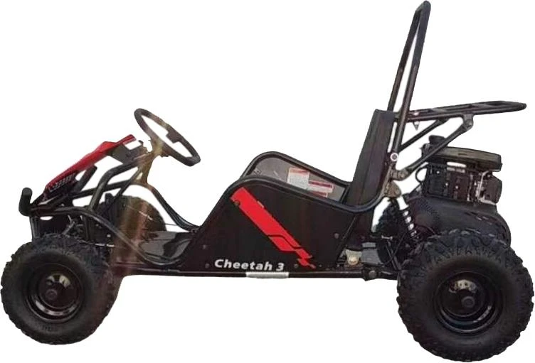 TrailMaster Cheetah 3 Kids Go-Kart, black and red off-road kids go-kart with large rugged tires, steering wheel, and seating area with safety features for children.