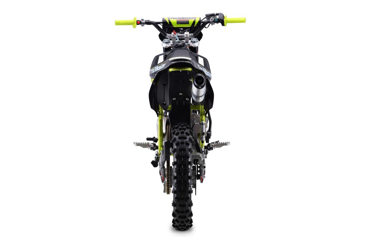 TrailMaster TM C50 Manual Youth Dirt Bike, front view showing black and green color scheme, knobby tires, and handlebar controls.