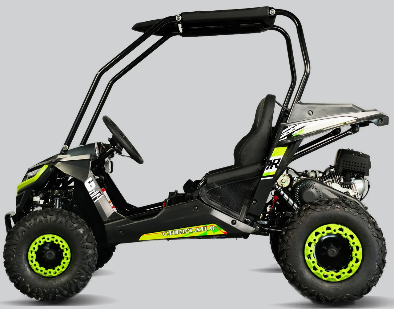 TrailMaster Cheetah 6 Youth Go-Kart, sporty black and neon green design with rugged tires, side view showing steering wheel, seat, and engine.