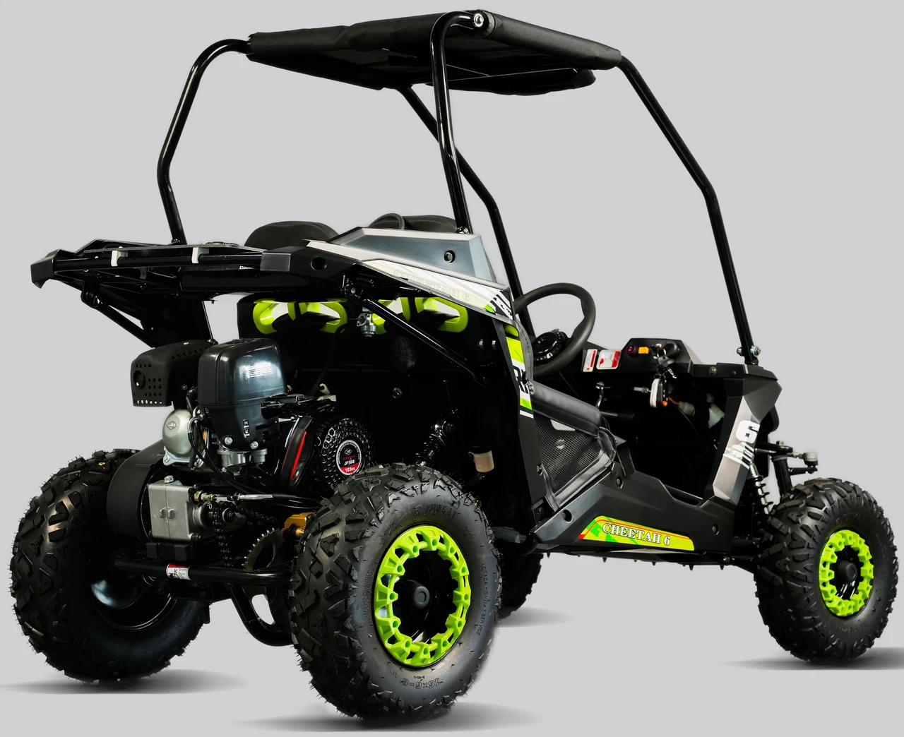 TrailMaster Cheetah 6 Youth Go-Kart, black and neon green off-road go-kart with rugged tires and sturdy frame.