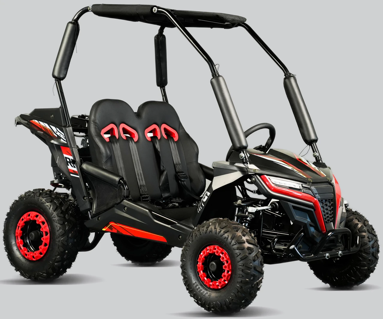 TrailMaster Cheetah 6 Youth Go-Kart, black and red electric off-road go-kart with three seats, safety harnesses, and large rugged tires on a gray background.
