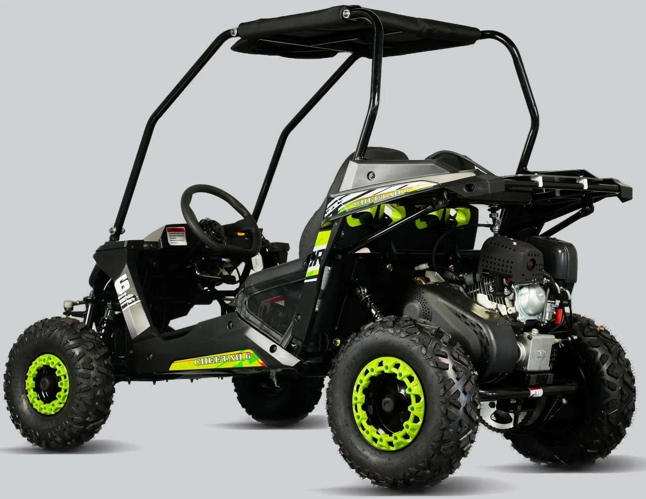 TrailMaster Cheetah 6 Youth Go-Kart, black and green off-road go-kart with large rugged tires and exposed engine.