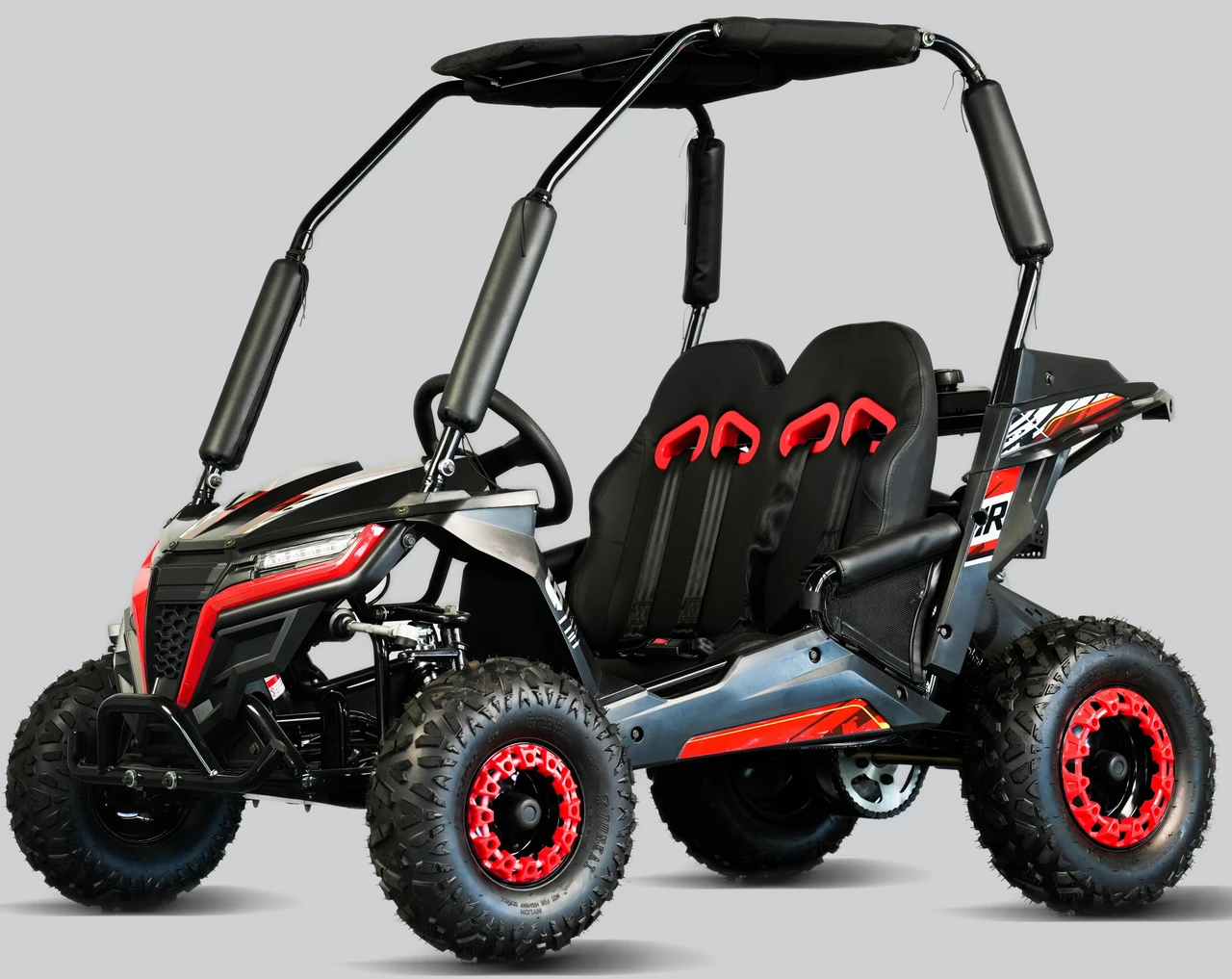 TrailMaster Cheetah 6 Youth Go-Kart, black and red off-road go-kart with a sturdy frame, three seats with red harnesses, large rugged tires, and a protective canopy.