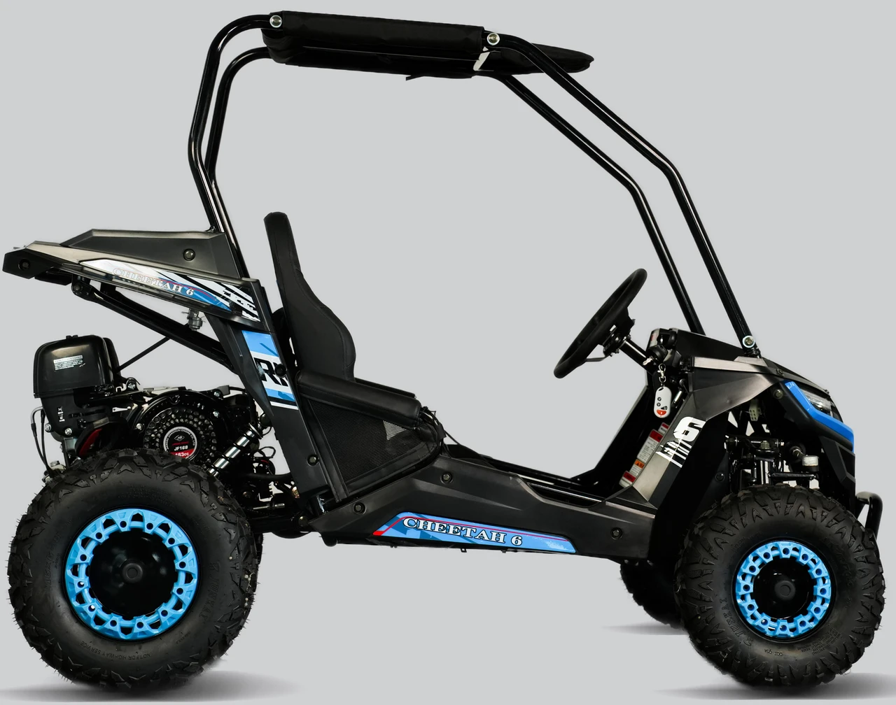 TrailMaster Cheetah 6 Youth Go-Kart, black with blue accents, rugged tires, and a safety canopy, designed for kids and teenagers.