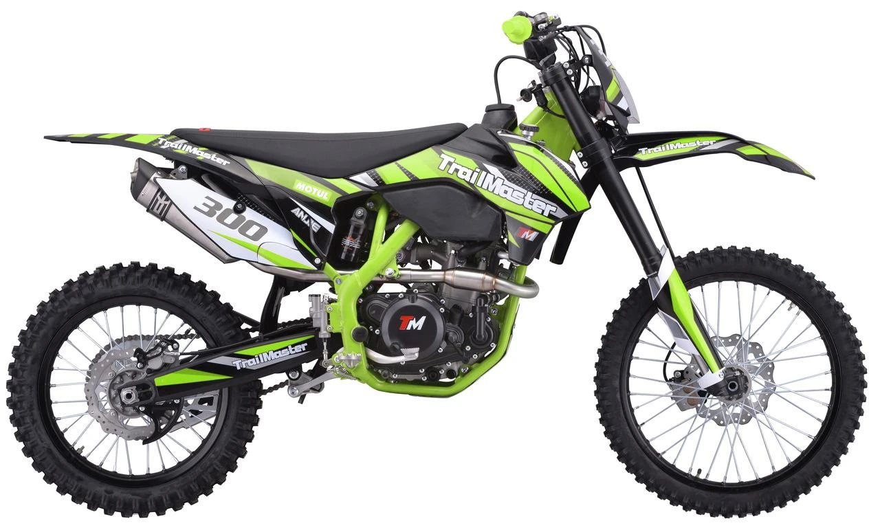 TrailMaster TM38E-300 EFI Full-Size Manual Dirt Bike, green and black motocross motorcycle with rugged tires, suspension, and motocross design.